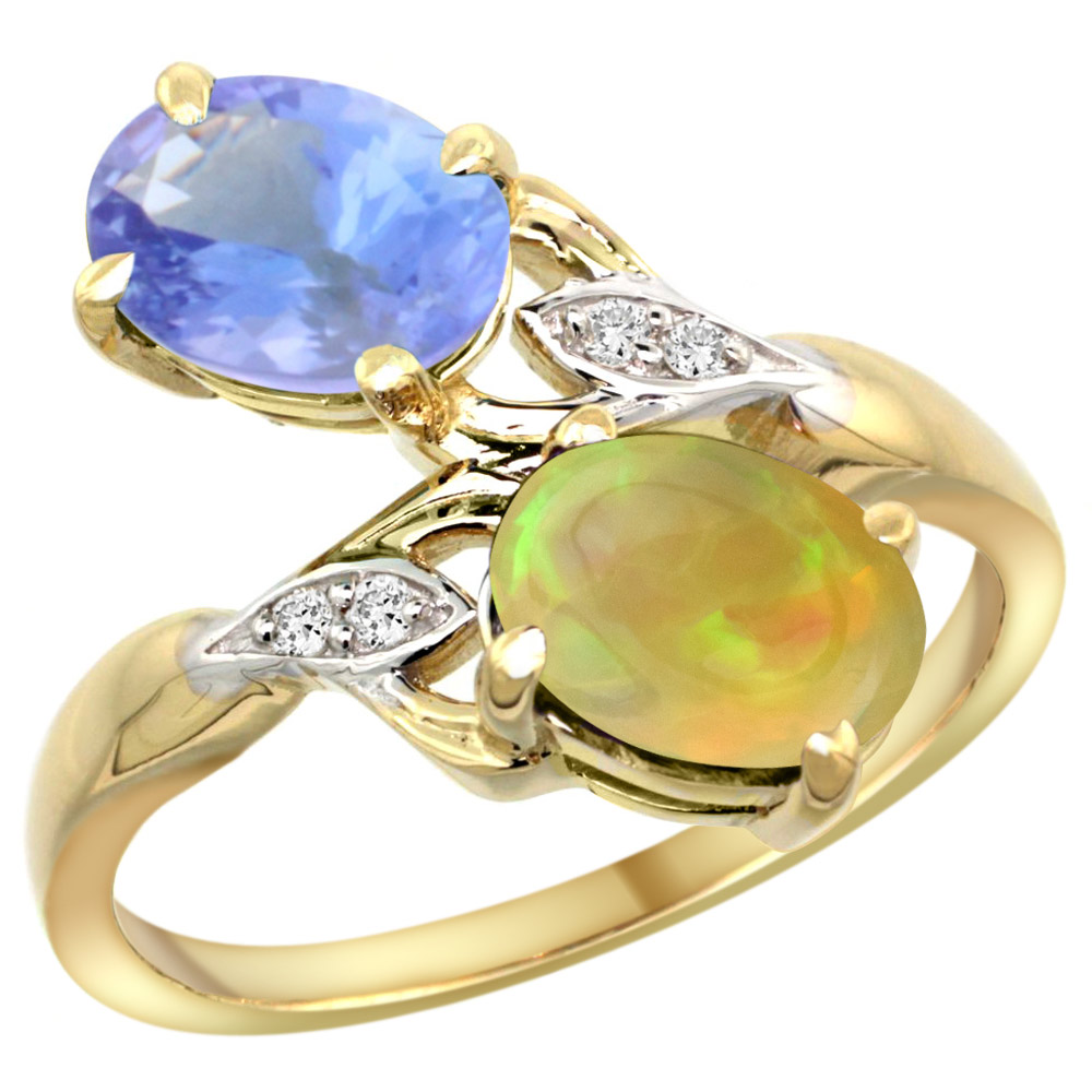 14k Yellow Gold Diamond Natural Tanzanite &amp; Ethiopian Opal 2-stone Mothers Ring Oval 8x6mm, size 5 - 10