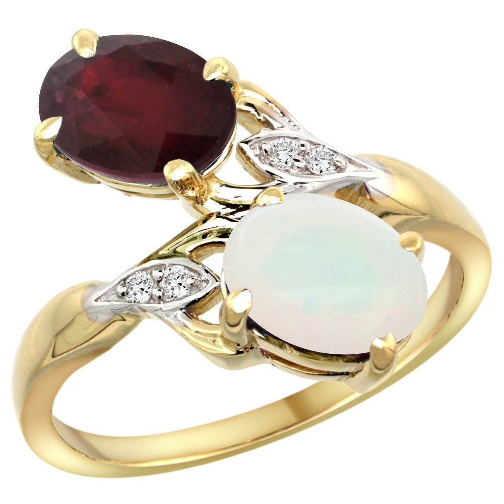 14k Yellow Gold Diamond Natural Quality Ruby &amp; Opal 2-stone Mothers Ring Oval 8x6mm, size 5 - 10