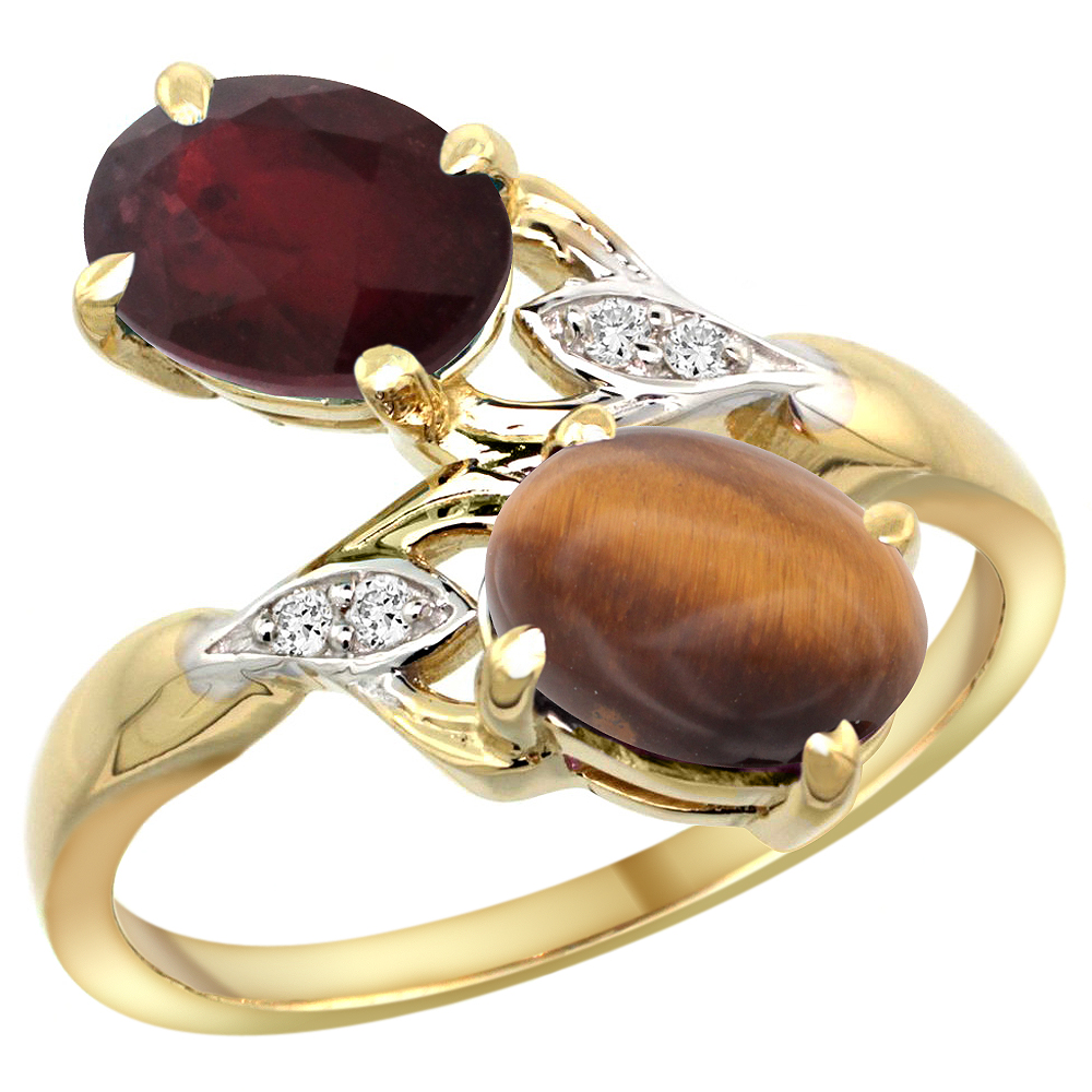 14k Yellow Gold Diamond Natural Quality Ruby &amp; Tiger Eye 2-stone Mothers Ring Oval 8x6mm, size 5 - 10