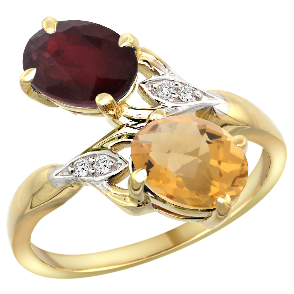 14k Yellow Gold Diamond Natural Quality Ruby &amp; Whisky Quartz 2-stone Mothers Ring Oval 8x6mm, size 5 - 10