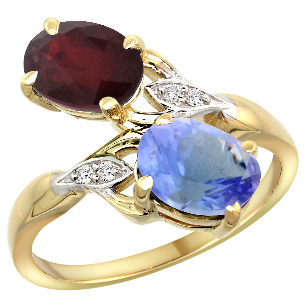 14k Yellow Gold Diamond Natural Quality Ruby &amp; Tanzanite 2-stone Mothers Ring Oval 8x6mm, size 5 - 10