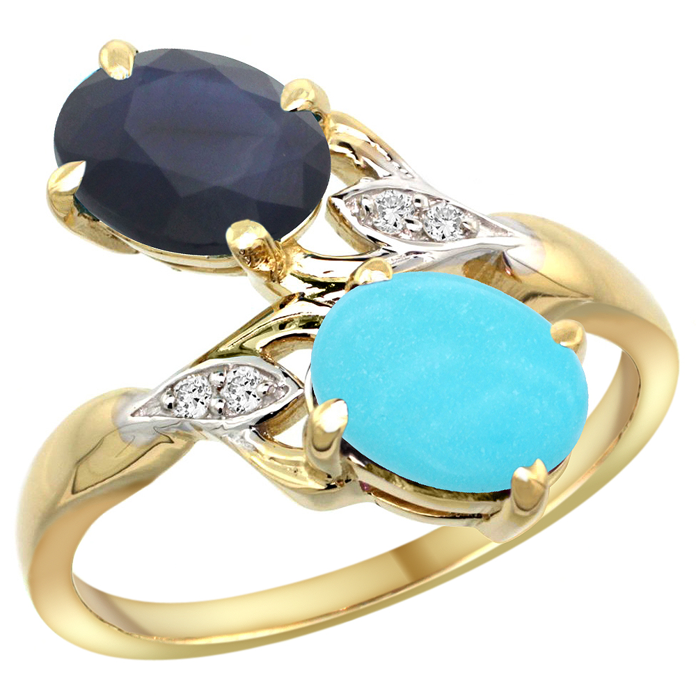 14k Yellow Gold Diamond Natural Quality Blue Sapphire &amp; Turquoise 2-stone Mothers Ring Oval 8x6mm,sz 5-10