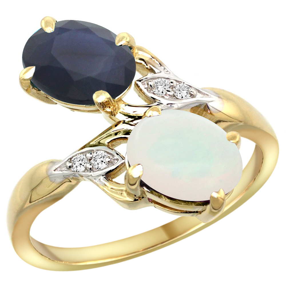 14k Yellow Gold Diamond Natural Quality Blue Sapphire & Opal 2-stone Mothers Ring Oval 8x6mm, size 5 - 10