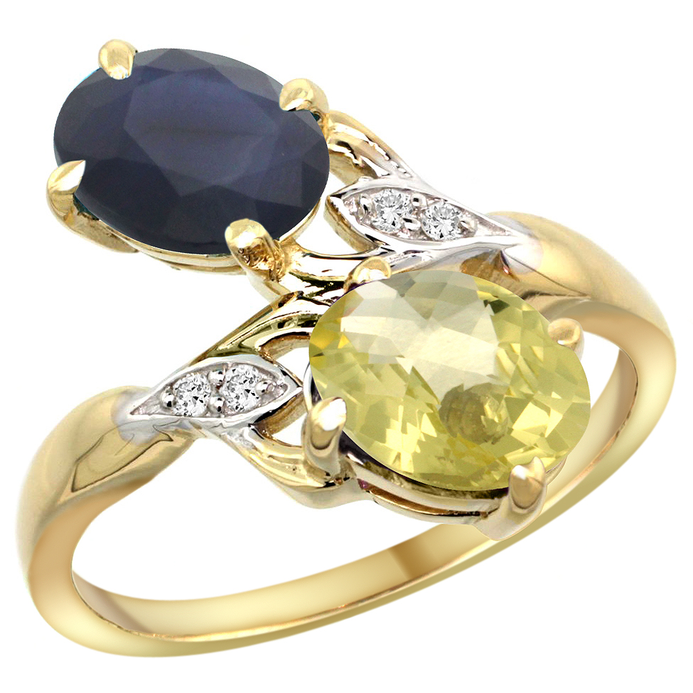 14k Yellow Gold Diamond Natural Quality Blue Sapphire & Lemon Quartz 2-stone Ring Oval 8x6mm, size 5 - 10