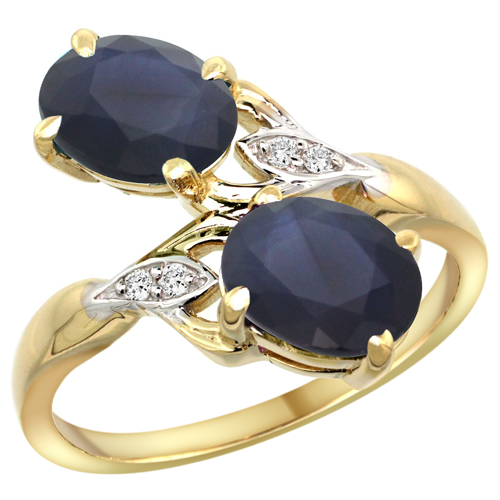 14k Yellow Gold Diamond Natural Quality Blue Sapphire &amp; Australian Sapphire 2-stone Ring Oval8x6mm,sz5-10