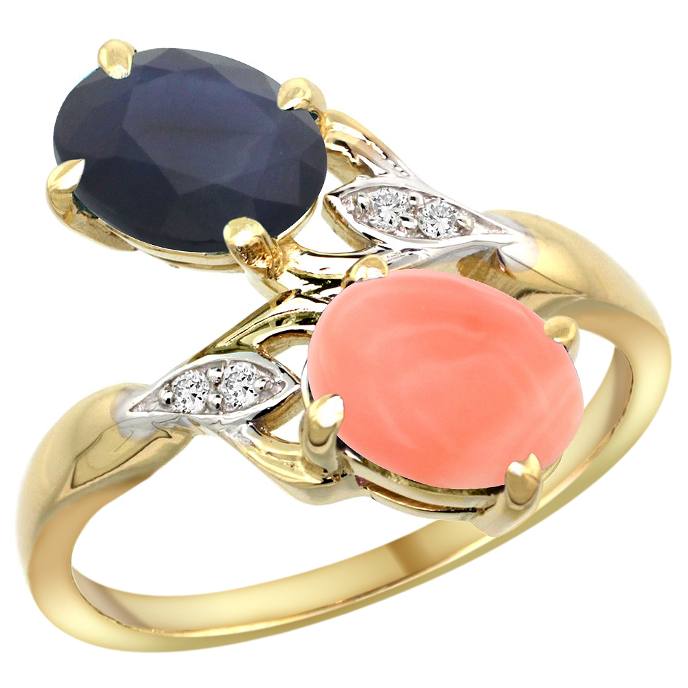 14k Yellow Gold Diamond Natural Quality Blue Sapphire & Coral 2-stone Mothers Ring Oval 8x6mm, size5 - 10