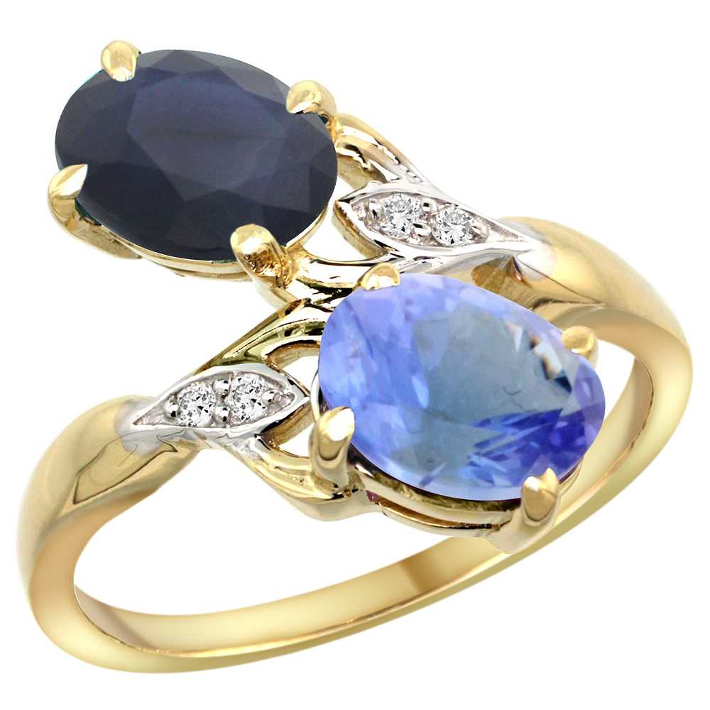 14k Yellow Gold Diamond Natural Quality Blue Sapphire &amp; Tanzanite 2-stone Mothers Ring Oval 8x6mm,sz 5-10