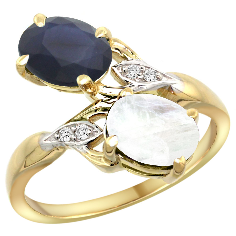 14k Yellow Gold Diamond Natural Quality Blue Sapphire & Rainbow Moonstone 2-stone Ring Oval8x6mm,size5-10