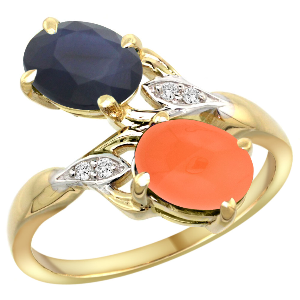 14k Yellow Gold Diamond Natural Quality Blue Sapphire &amp; Orange Moonstone 2-stone Ring Oval 8x6mm,sz5-10