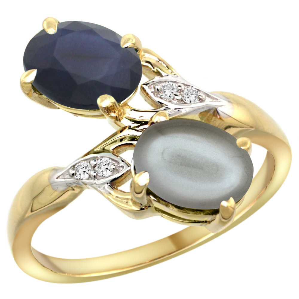 14k Yellow Gold Diamond Natural Quality Blue Sapphire &amp; Gray Moonstone 2-stone Ring Oval 8x6mm, size5-10