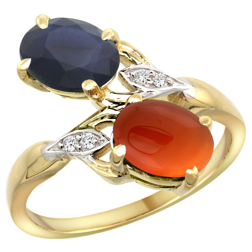 14k Yellow Gold Diamond Natural Quality Blue Sapphire & Brown Agate 2-stone Ring Oval 8x6mm, size 5 - 10