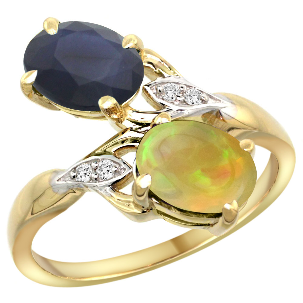 14k Yellow Gold Diamond Natural Quality Blue Sapphire & Ethiopian Opal 2-stone Ring Oval 8x6mm, size 5-10