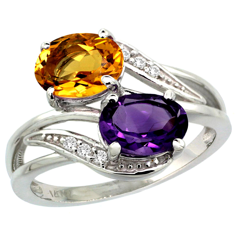 14K White Gold Diamond Natural Amethyst & Citrine 2-stone Ring Oval 8x6mm, sizes 5 - 10