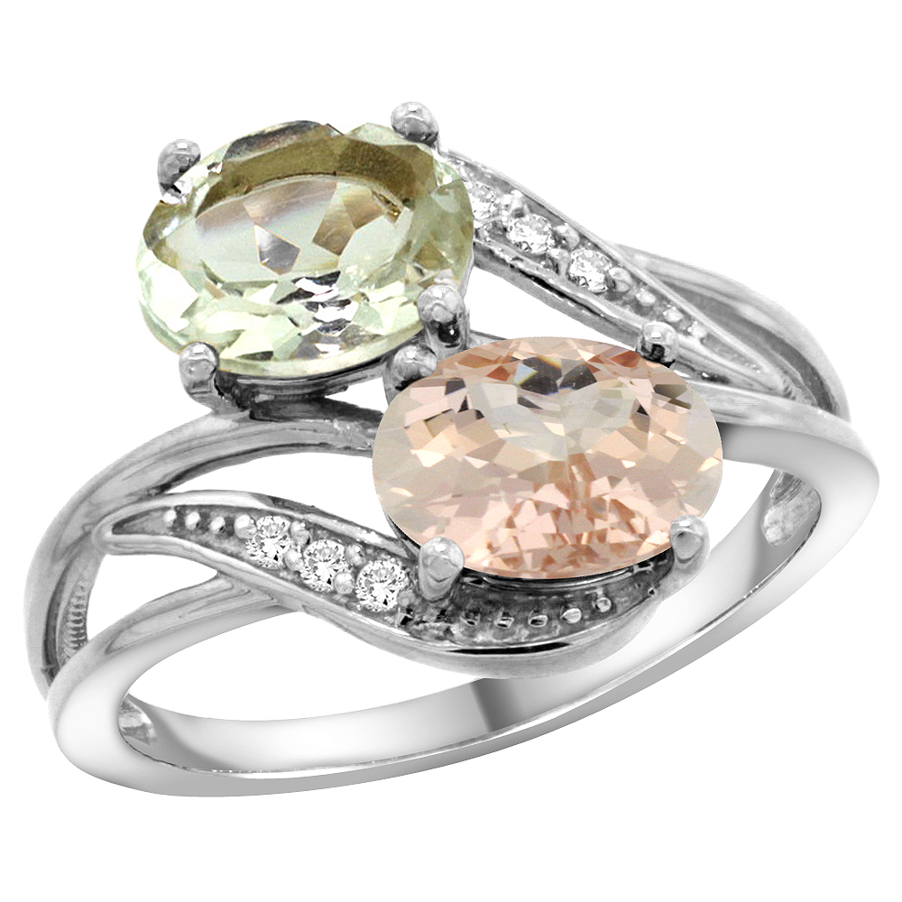 10K White Gold Diamond Natural Green Amethyst &amp; Morganite 2-stone Ring Oval 8x6mm, sizes 5 - 10