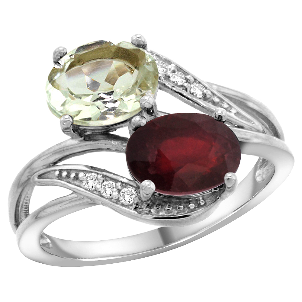 10K White Gold Diamond Natural Green Amethyst & Enhanced Ruby 2-stone Ring Oval 8x6mm, sizes 5 - 10