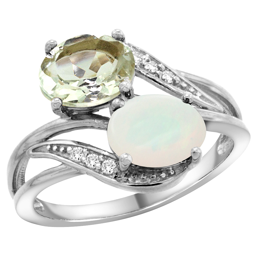 10K White Gold Diamond Natural Green Amethyst &amp; Opal 2-stone Ring Oval 8x6mm, sizes 5 - 10