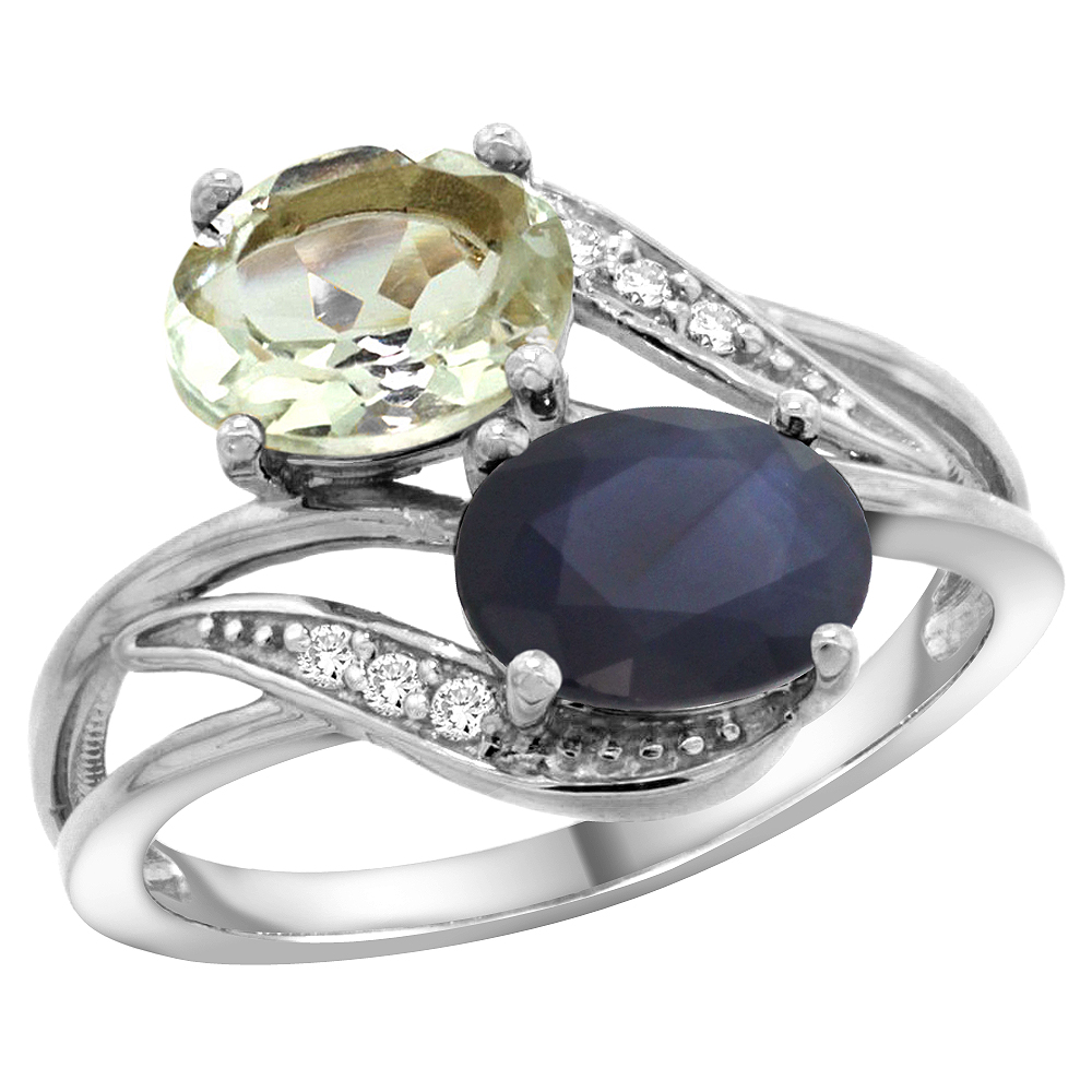 10K White Gold Diamond Natural Green Amethyst &amp; Australian Sapphire 2-stone Ring Oval 8x6mm, sizes 5 - 10