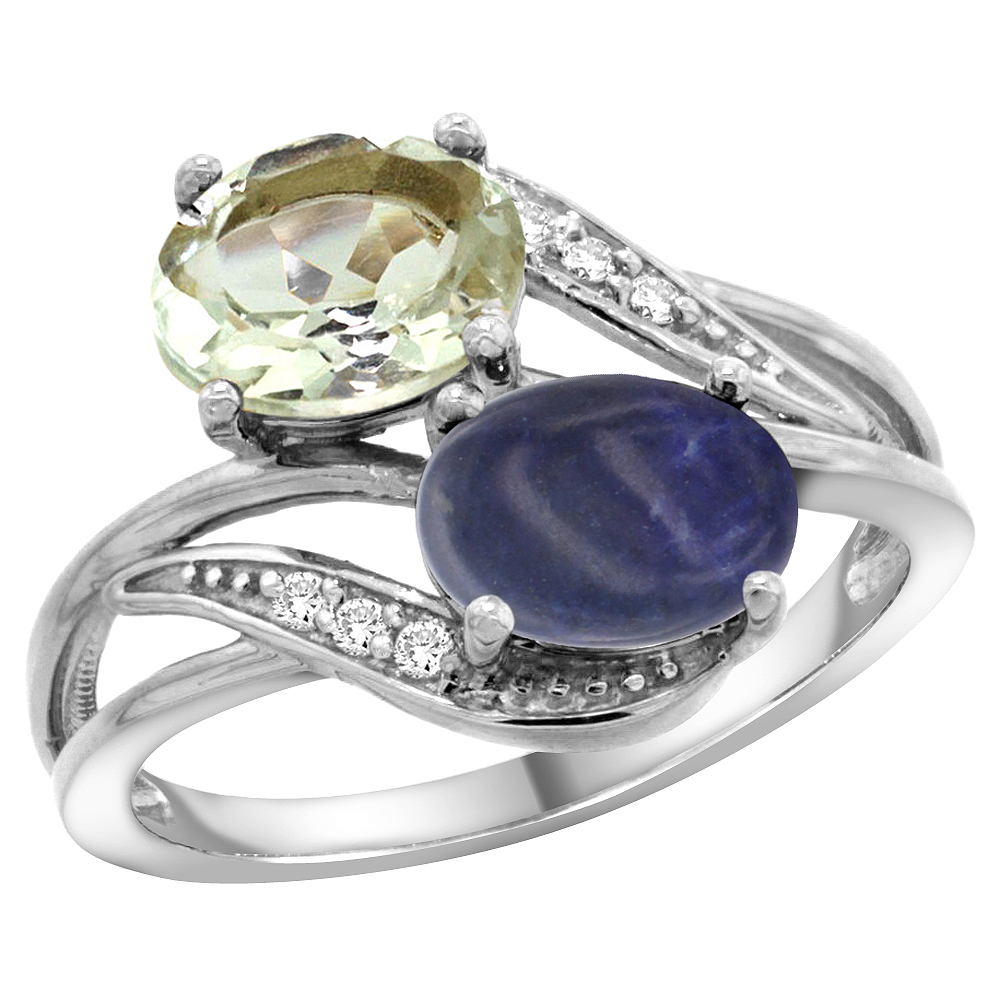 10K White Gold Diamond Natural Green Amethyst &amp; Lapis 2-stone Ring Oval 8x6mm, sizes 5 - 10