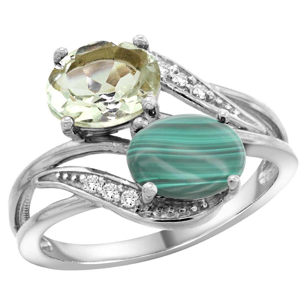 10K White Gold Diamond Natural Green Amethyst & Malachite 2-stone Ring Oval 8x6mm, sizes 5 - 10