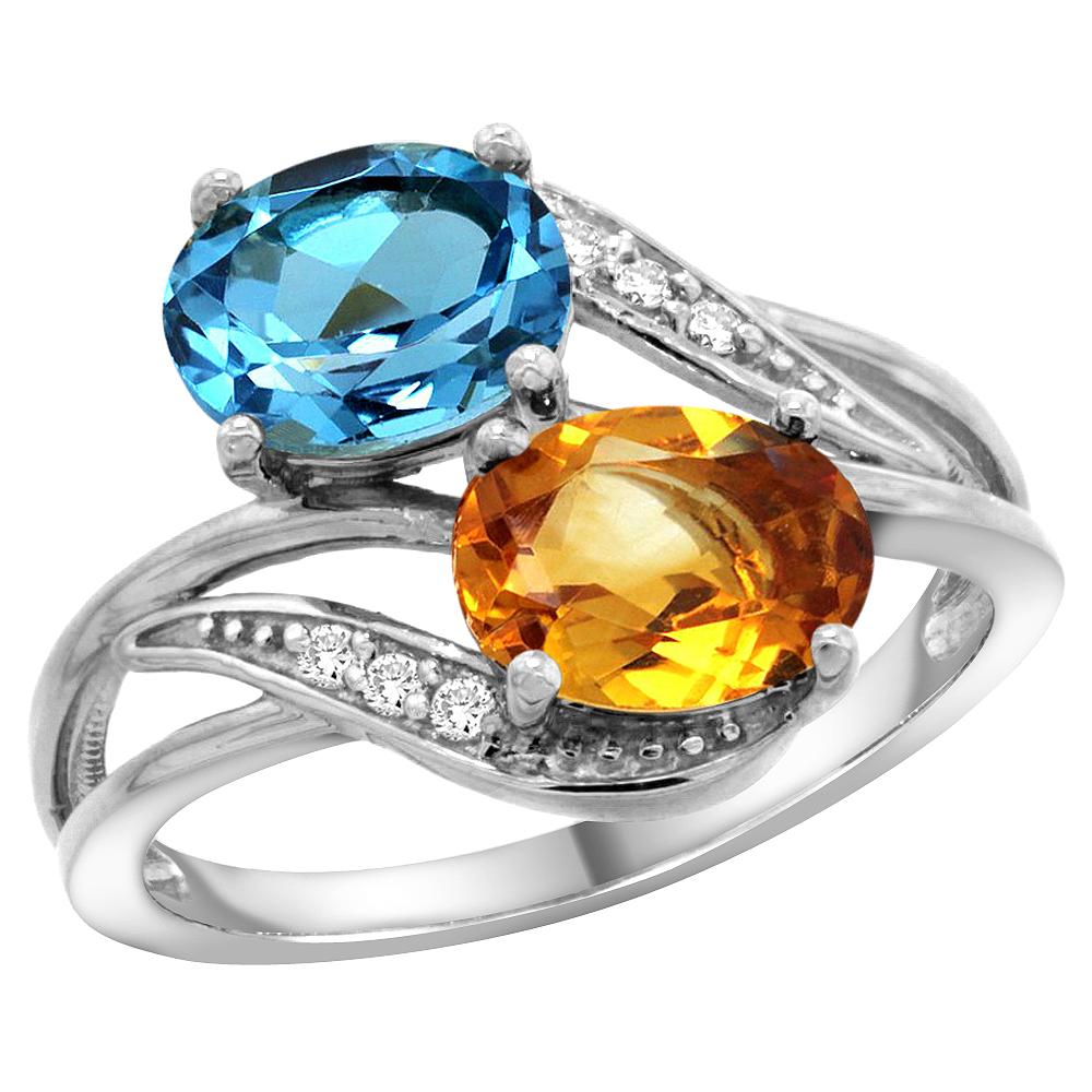 14K White Gold Diamond Natural Swiss Blue Topaz & Citrine 2-stone Ring Oval 8x6mm, sizes 5 - 10