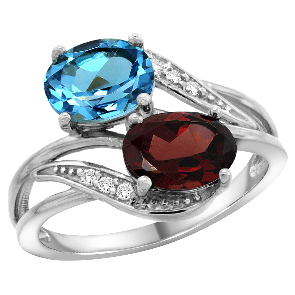 14K White Gold Diamond Natural Swiss Blue Topaz & Garnet 2-stone Ring Oval 8x6mm, sizes 5 - 10