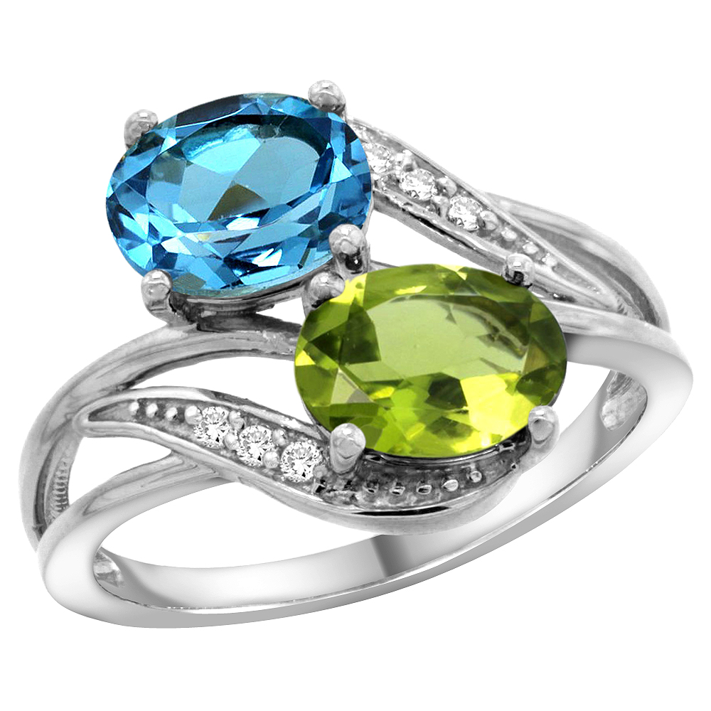 14K White Gold Diamond Natural Swiss Blue Topaz & Peridot 2-stone Ring Oval 8x6mm, sizes 5 - 10