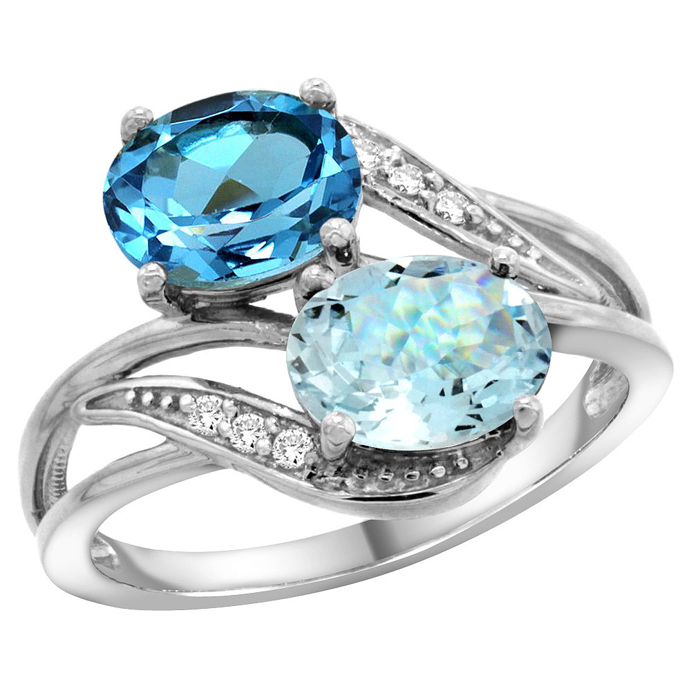 10K White Gold Diamond Natural Swiss Blue Topaz &amp; Aquamarine 2-stone Ring Oval 8x6mm, sizes 5 - 10