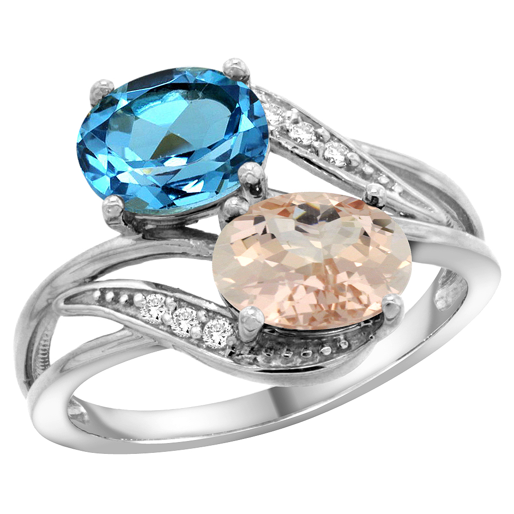 10K White Gold Diamond Natural Swiss Blue Topaz &amp; Morganite 2-stone Ring Oval 8x6mm, sizes 5 - 10