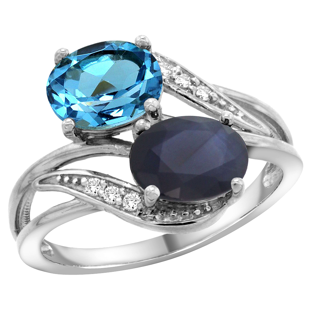 10K White Gold Diamond Natural Swiss Blue Topaz &amp; Blue Sapphire 2-stone Ring Oval 8x6mm, sizes 5 - 10