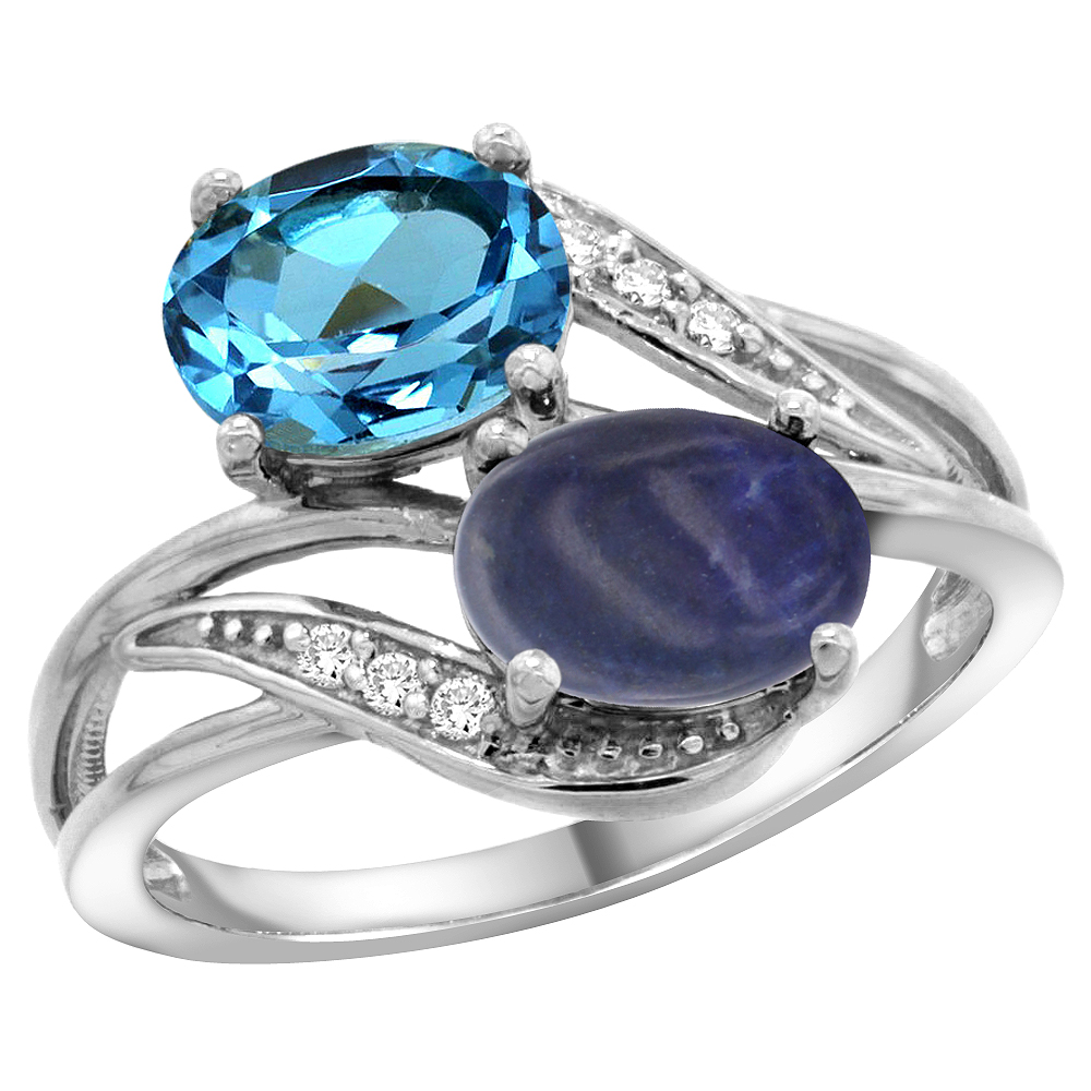 10K White Gold Diamond Natural Swiss Blue Topaz &amp; Lapis 2-stone Ring Oval 8x6mm, sizes 5 - 10