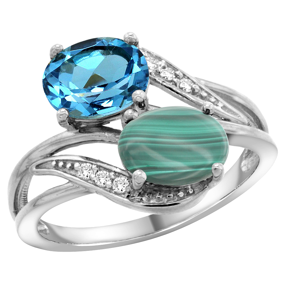 10K White Gold Diamond Natural Swiss Blue Topaz &amp; Malachite 2-stone Ring Oval 8x6mm, sizes 5 - 10