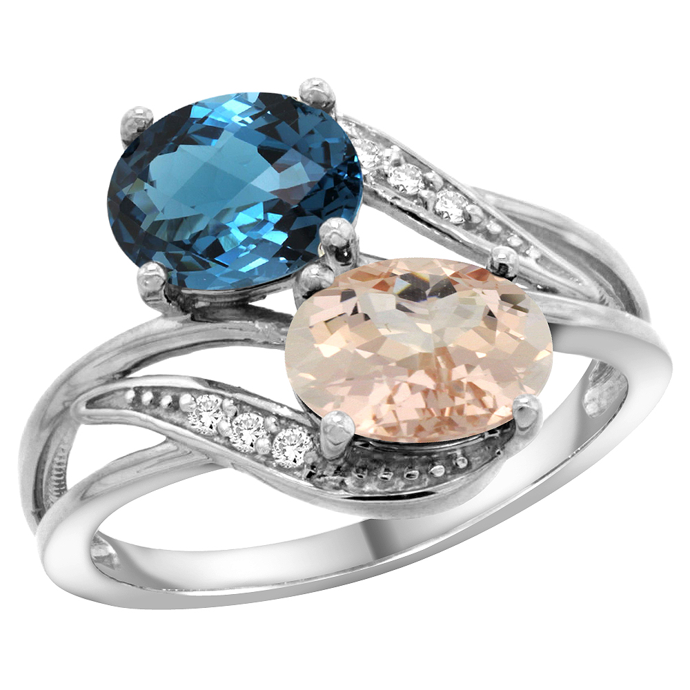 10K White Gold Diamond Natural London Blue Topaz & Morganite 2-stone Ring Oval 8x6mm, sizes 5 - 10