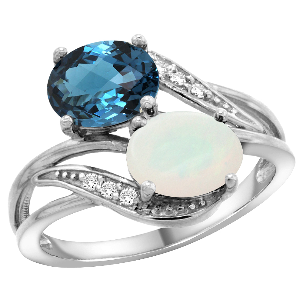 10K White Gold Diamond Natural London Blue Topaz &amp; Opal 2-stone Ring Oval 8x6mm, sizes 5 - 10