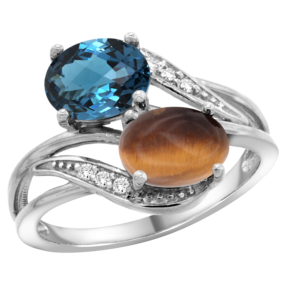 10K White Gold Diamond Natural London Blue Topaz &amp; Tiger Eye 2-stone Ring Oval 8x6mm, sizes 5 - 10