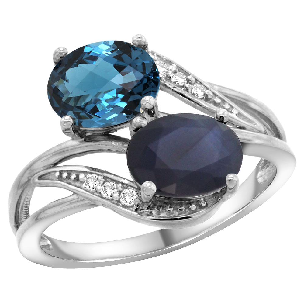 10K White Gold Diamond Natural London Blue Topaz &amp; Australian Sapphire 2-stone Ring Oval 8x6mm, sizes 5 - 10