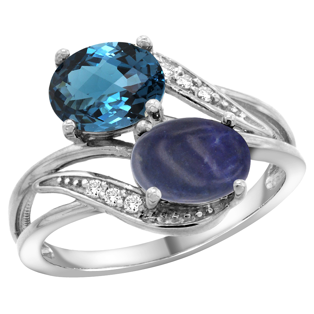 10K White Gold Diamond Natural London Blue Topaz &amp; Lapis 2-stone Ring Oval 8x6mm, sizes 5 - 10