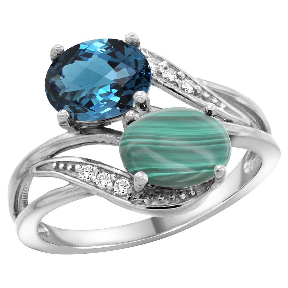 10K White Gold Diamond Natural London Blue Topaz &amp; Malachite 2-stone Ring Oval 8x6mm, sizes 5 - 10