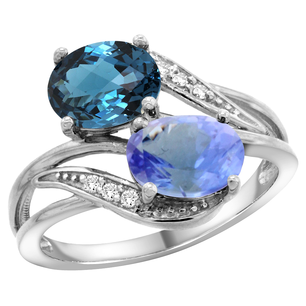 10K White Gold Diamond Natural London Blue Topaz &amp; Tanzanite 2-stone Ring Oval 8x6mm, sizes 5 - 10