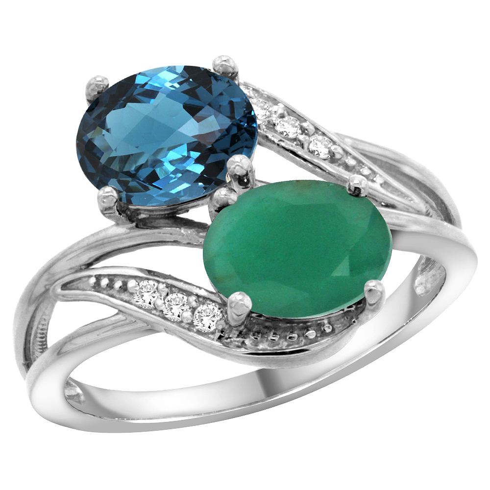 10K White Gold Diamond Natural London Blue Topaz&Quality Emerald 2-stone Mothers Ring Oval 8x6mm,sz5 - 10