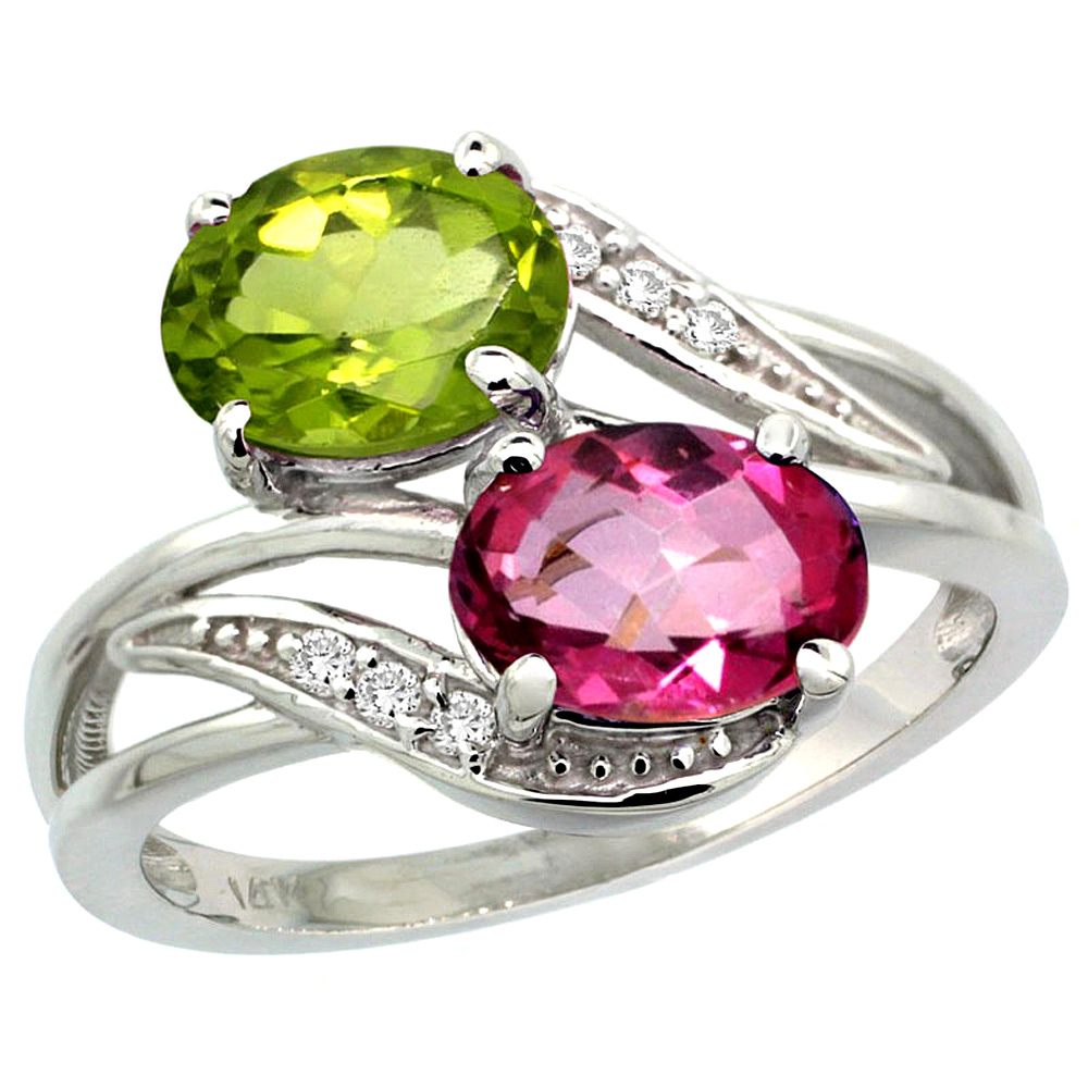 14K White Gold Diamond Natural Pink Topaz & Peridot 2-stone Ring Oval 8x6mm, sizes 5 - 10