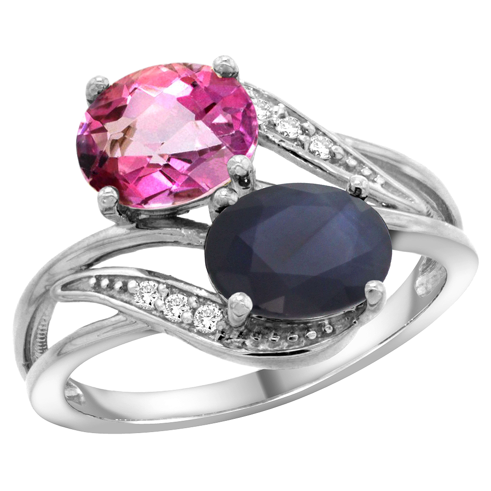 10K White Gold Diamond Natural Pink Topaz &amp; Blue Sapphire 2-stone Ring Oval 8x6mm, sizes 5 - 10