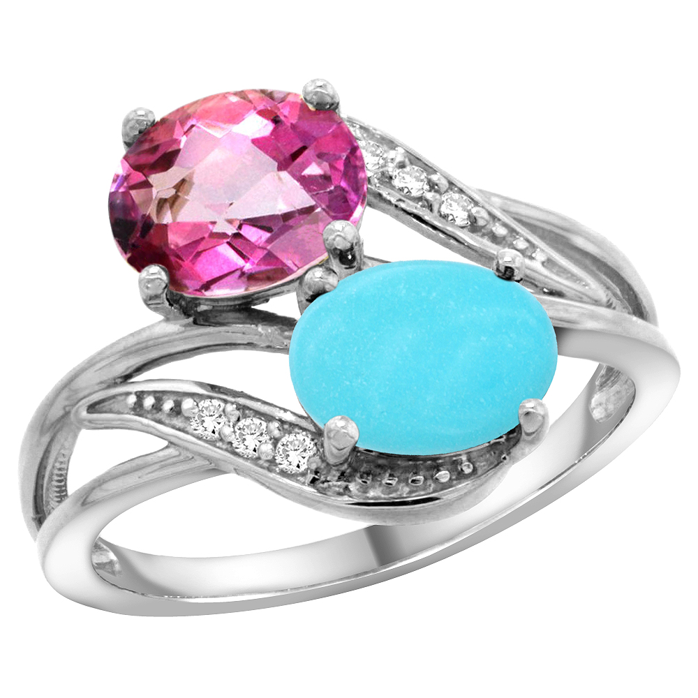 10K White Gold Diamond Natural Pink Topaz &amp; Turquoise 2-stone Ring Oval 8x6mm, sizes 5 - 10