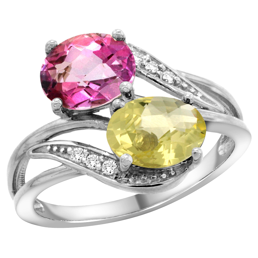 10K White Gold Diamond Natural Pink Topaz & Lemon Quartz 2-stone Ring Oval 8x6mm, sizes 5 - 10