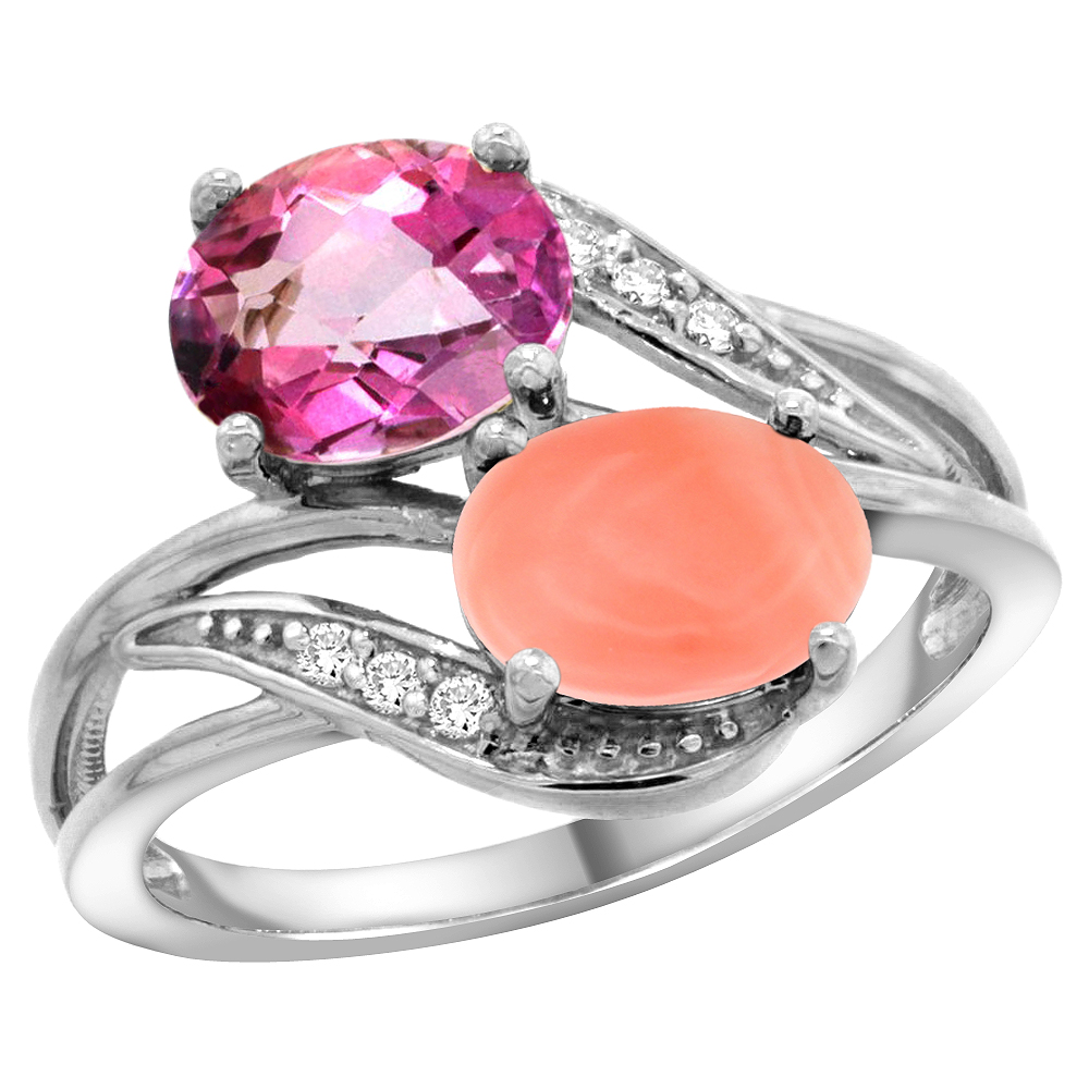 10K White Gold Diamond Natural Pink Topaz &amp; Coral 2-stone Ring Oval 8x6mm, sizes 5 - 10