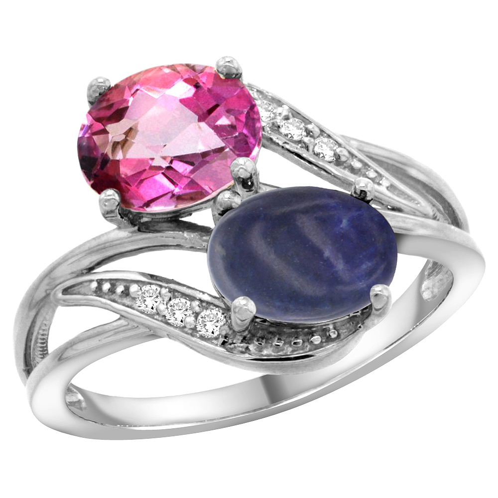 10K White Gold Diamond Natural Pink Topaz & Lapis 2-stone Ring Oval 8x6mm, sizes 5 - 10