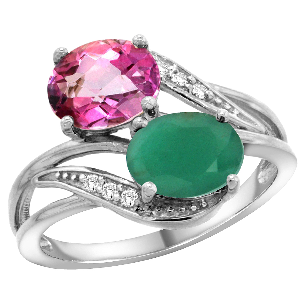 10K White Gold Diamond Natural Pink Topaz &amp; Quality Emerald 2-stone Mothers Ring Oval 8x6mm, size 5 - 10