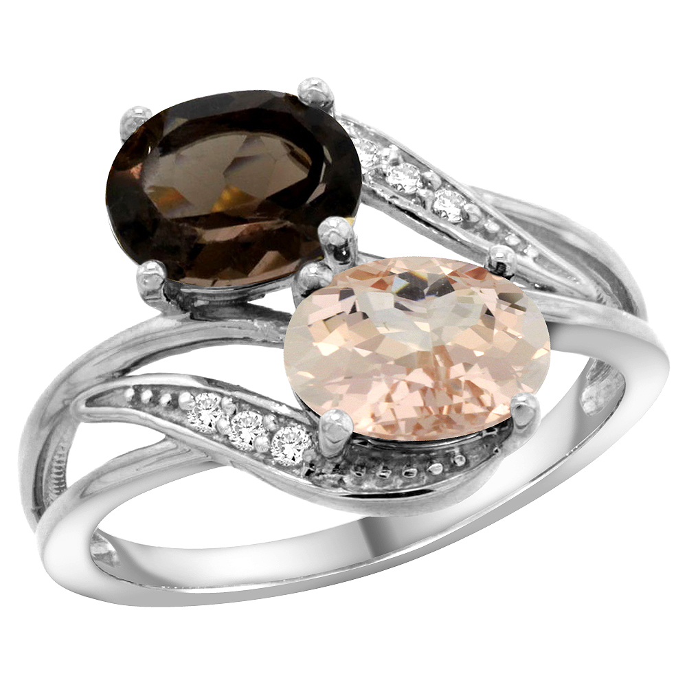 10K White Gold Diamond Natural Smoky Topaz &amp; Morganite 2-stone Ring Oval 8x6mm, sizes 5 - 10