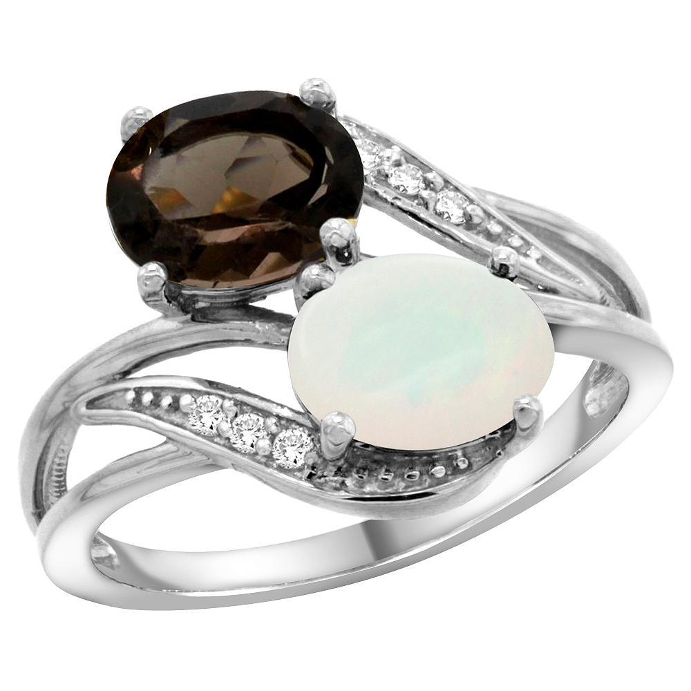 10K White Gold Diamond Natural Smoky Topaz &amp; Opal 2-stone Ring Oval 8x6mm, sizes 5 - 10