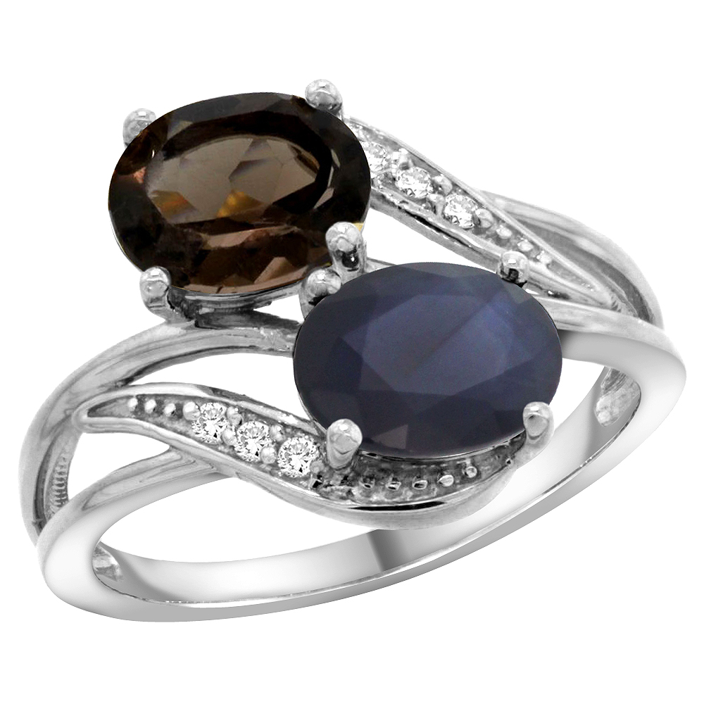 10K White Gold Diamond Natural Smoky Topaz & Australian Sapphire 2-stone Ring Oval 8x6mm, sizes 5 - 10