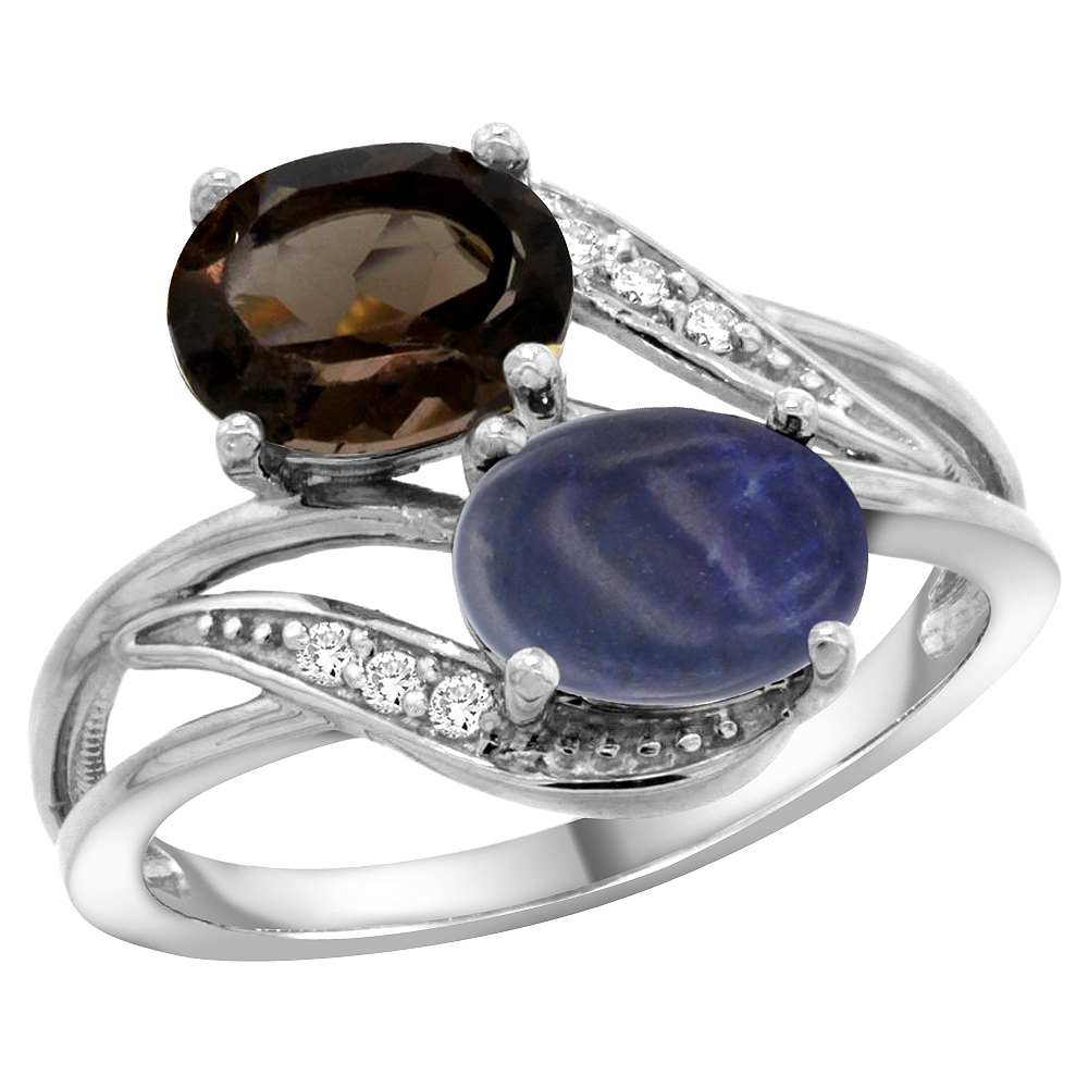 10K White Gold Diamond Natural Smoky Topaz &amp; Lapis 2-stone Ring Oval 8x6mm, sizes 5 - 10